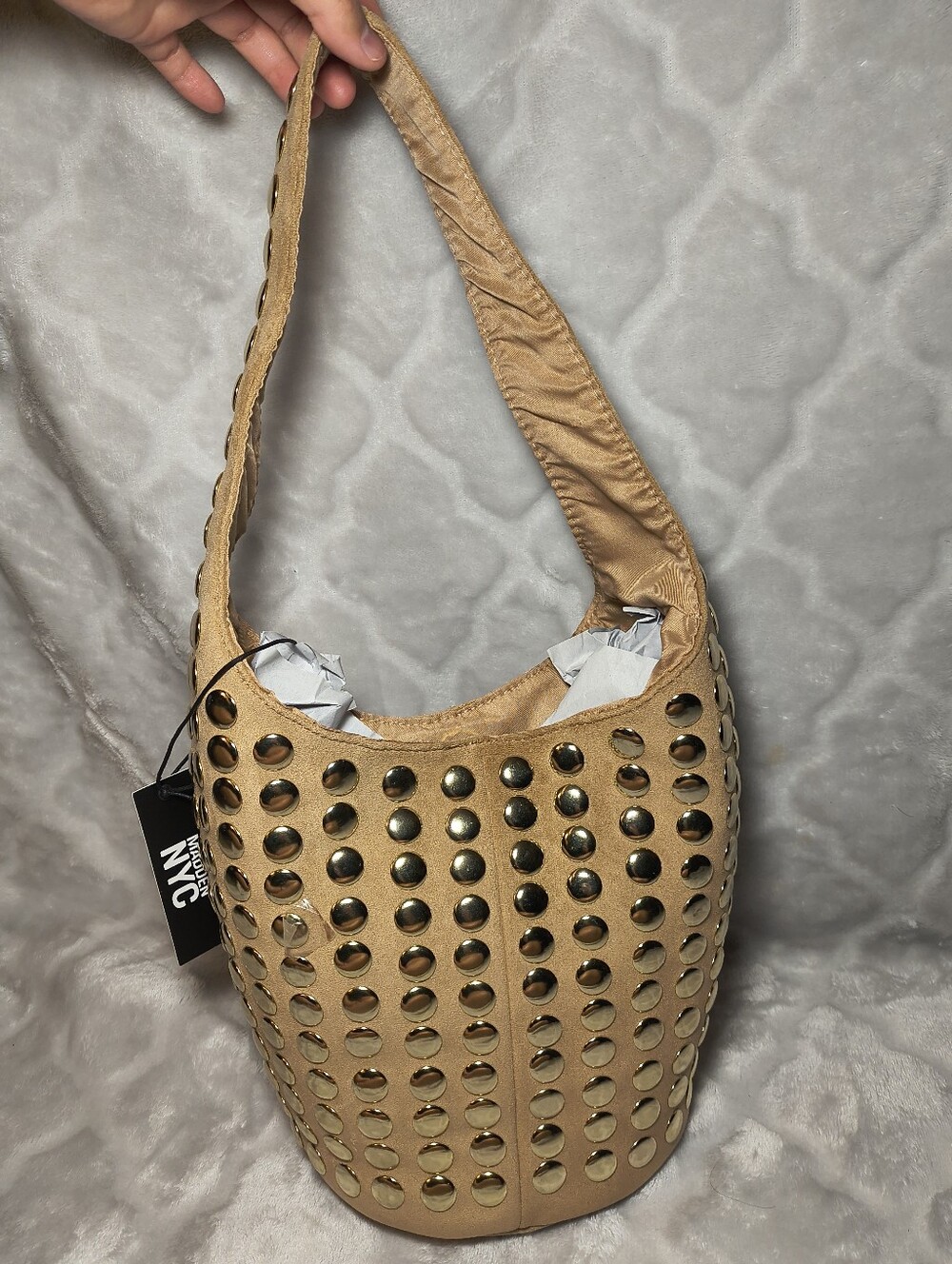 Madden NYC Women's Studded Bucket Shoulder Bag (Khaki) Brand NEW